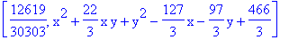 [12619/30303, x^2+22/3*x*y+y^2-127/3*x-97/3*y+466/3]